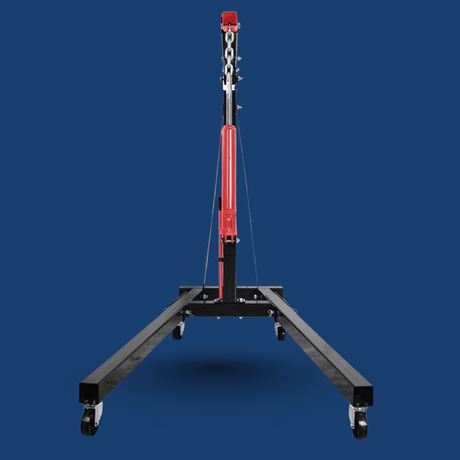 Red and black mechanical stand on a blue background