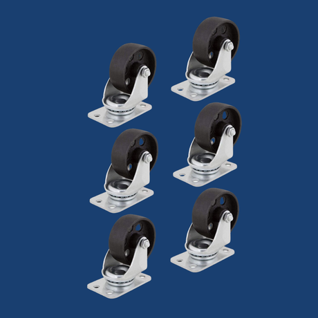 Set of six caster wheels on a blue background