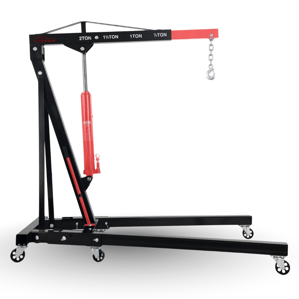 Black and red hydraulic floor jack on a white background