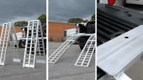 The image showcases three perspectives of aluminium folding ramps in use. The first shows the ramps standing upright in a folded position, the second highlights the ramps unfolded and set up for vehicle loading, and the third is a close-up shot focusing on the ramp's textured grip surface and pre-drilled hole for securing it in place.