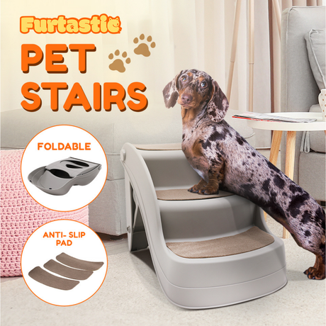 Pet stairs with a dog on top, featuring 'Furtastic Pet Stairs' branding and foldable and anti-slip pad features.