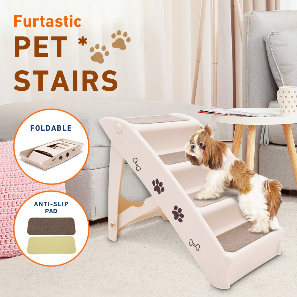 Pet stairs with a dog on a carpeted floor in a living room setting, featuring 'Furtastic' branding.