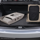Pet carrier and tray in a car trunk with 'Other accessories not included' text.