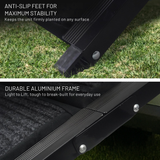 Close-up of anti-slip feet and durable aluminium frame on a black outdoor unit.