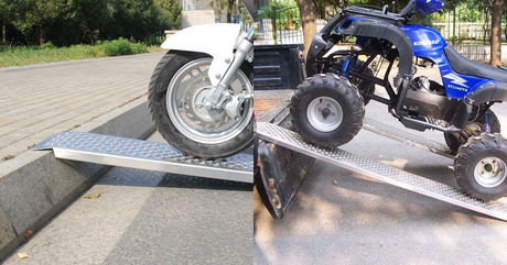 Two separate uses of aluminium ramps: one for a scooter/mower on a curb and another for an ATV loading onto a pickup truck.