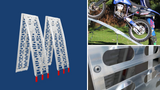 The image showcases three perspectives of aluminium curved folding loading ramps