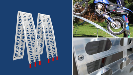 The image showcases three perspectives of aluminium curved folding loading ramps