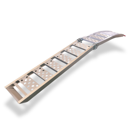 Folding 2.28m aluminium motorcycle ramp, 340kg capacity. Features a hinged design, punched traction holes, and arched top.