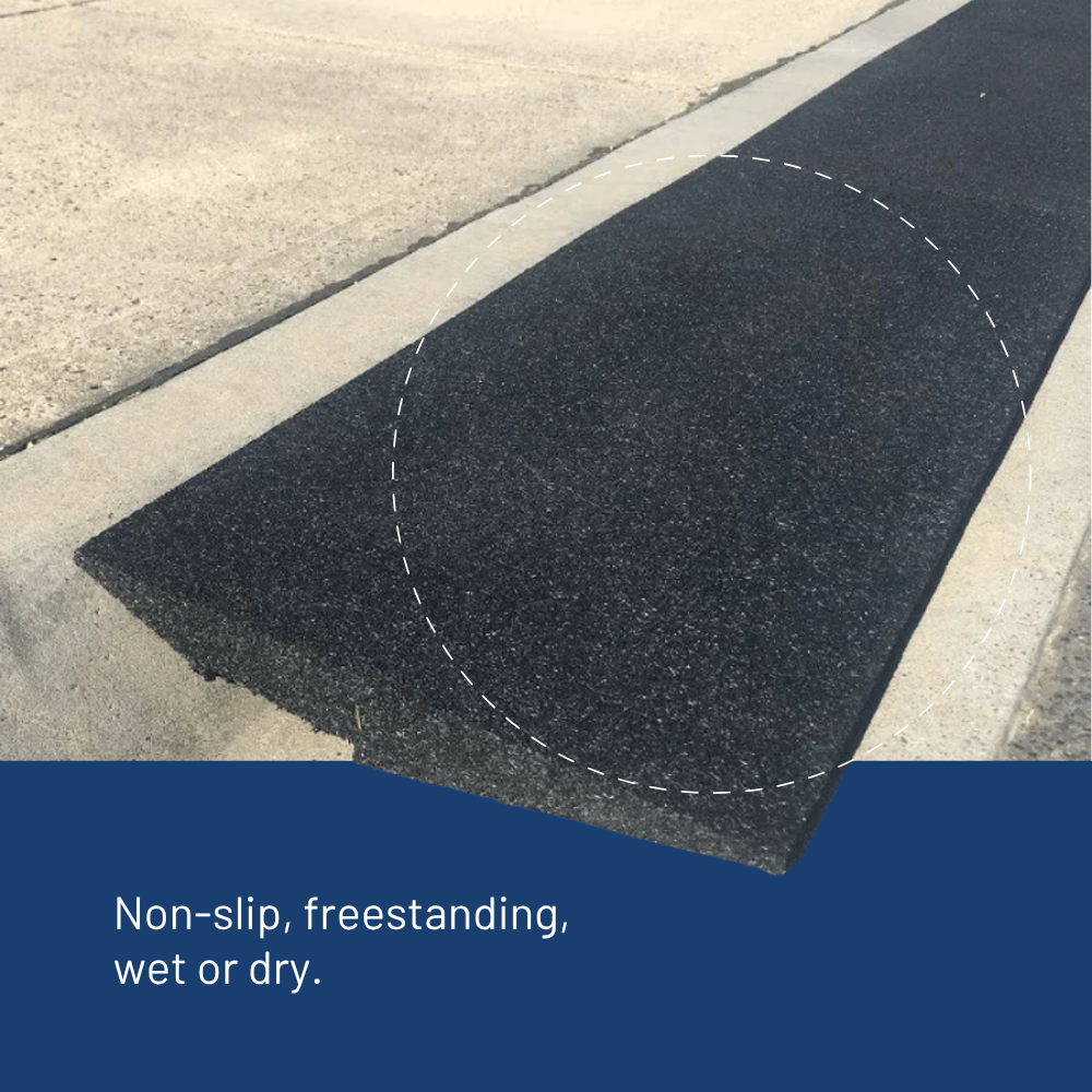 A freestanding black textured ramp placed outdoors on a concrete surface, with a dashed circle highlighting the mat and text at the bottom reading 'Non-slip, freestanding, wet or dry.'.
