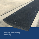 A freestanding black textured ramp placed outdoors on a concrete surface, with a dashed circle highlighting the mat and text at the bottom reading 'Non-slip, freestanding, wet or dry.'.