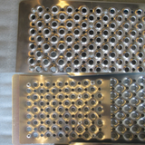 A split image showing a close-up of two variations of a perforated aluminum mesh surface, featuring round holes and raised rings.