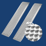 Heeve® 400kg Straight Non-Folding Aluminum Loading Ramp - Pair with a close-up inset on a blue background