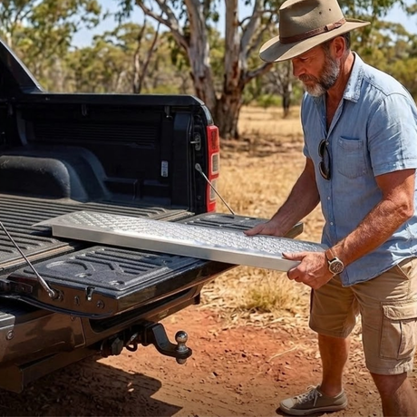 Man in a hat and light shirt standing next to an open truck bed with a white board, in a natural outdoor setting.
