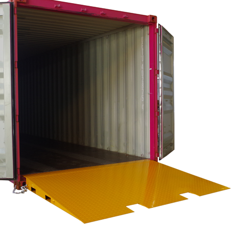 Open shipping container with a yellow ramp on a white background