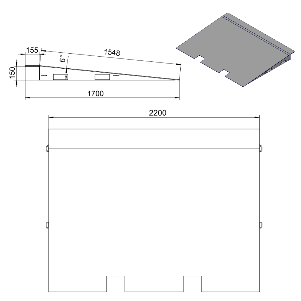 Technical drawing of a ramp with dimensions