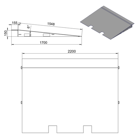 Technical drawing of a ramp with dimensions