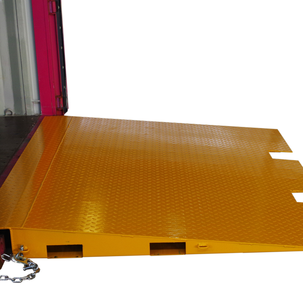 Yellow loading dock platform with chain on a white background