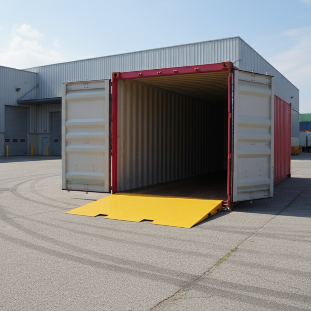 Open shipping container with a yellow mat on a concrete surface, with a building in the background.