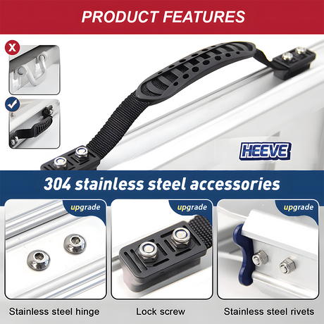 Detailed image of Heeve ramp’s 304 stainless steel handle and screws, focusing on its upgraded lock screws and rivets for enhanced durability
