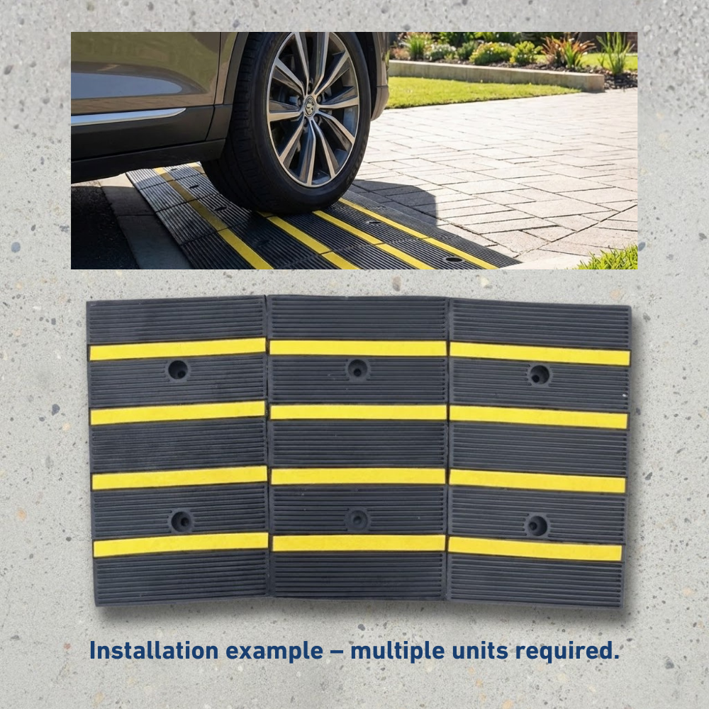 A car tyre rolls onto a black rubber kerb ramp with yellow safety stripes. Multiple interlocking units are shown below.
