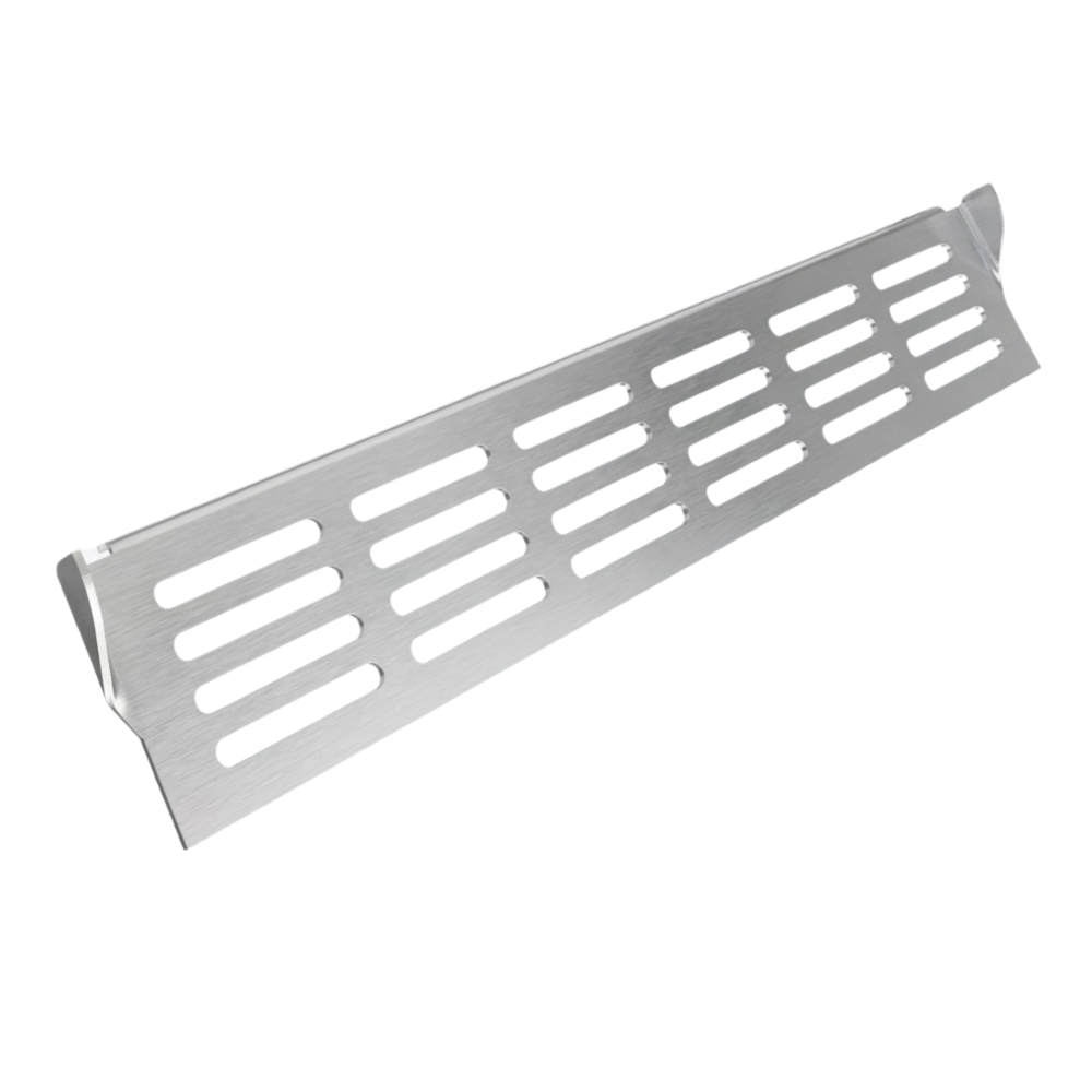 A brushed stainless steel grill grate with elongated oval cutouts, shown at an angle on a plain white background.