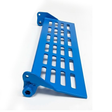 A bright blue anodized metal step plate with rectangular cutouts and mounting brackets on both ends, shown on a clean white background.