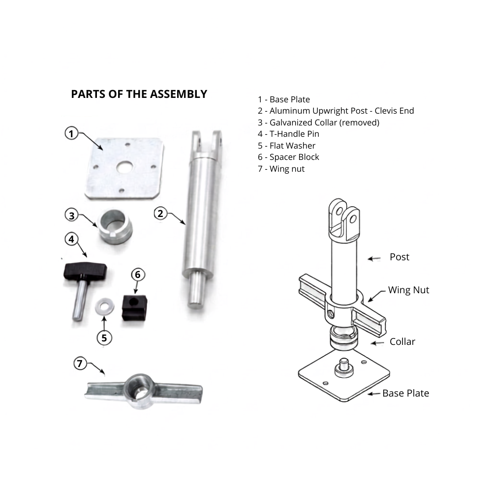 Parts list and assembly diagram for a metal post bracket kit, showing labeled components including base plate, aluminum upright post, collar, spacer block, wing nut, T-handle pin, flat washer, and handle on a white background.