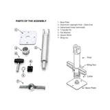 Parts list and assembly diagram for a metal post bracket kit, showing labeled components including base plate, aluminum upright post, collar, spacer block, wing nut, T-handle pin, flat washer, and handle on a white background.