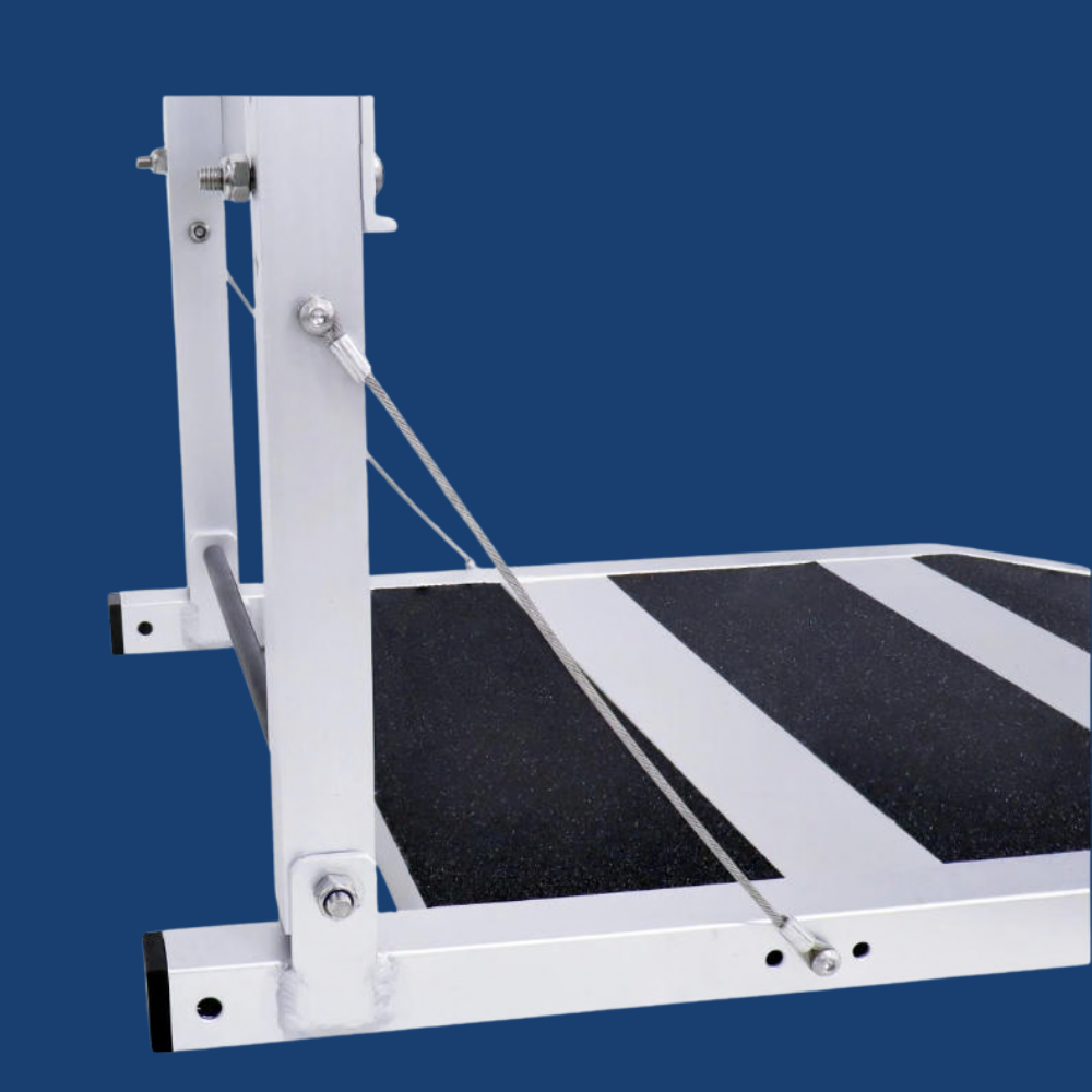 Side view of Heeve® Folding Aluminium Dog Water Ramp for Boats & Docks on blue background