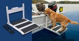 Heeve Folding Aluminium Dog Water Ramp for Boats & Docks - ramp with two straps, and a golden retriever stepping from a boat onto the ramp over the water