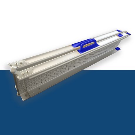 Collapsed Heeve telescopic ramp with a blue handle, showcasing its compact, easy-to-carry design for convenient storage and transport.