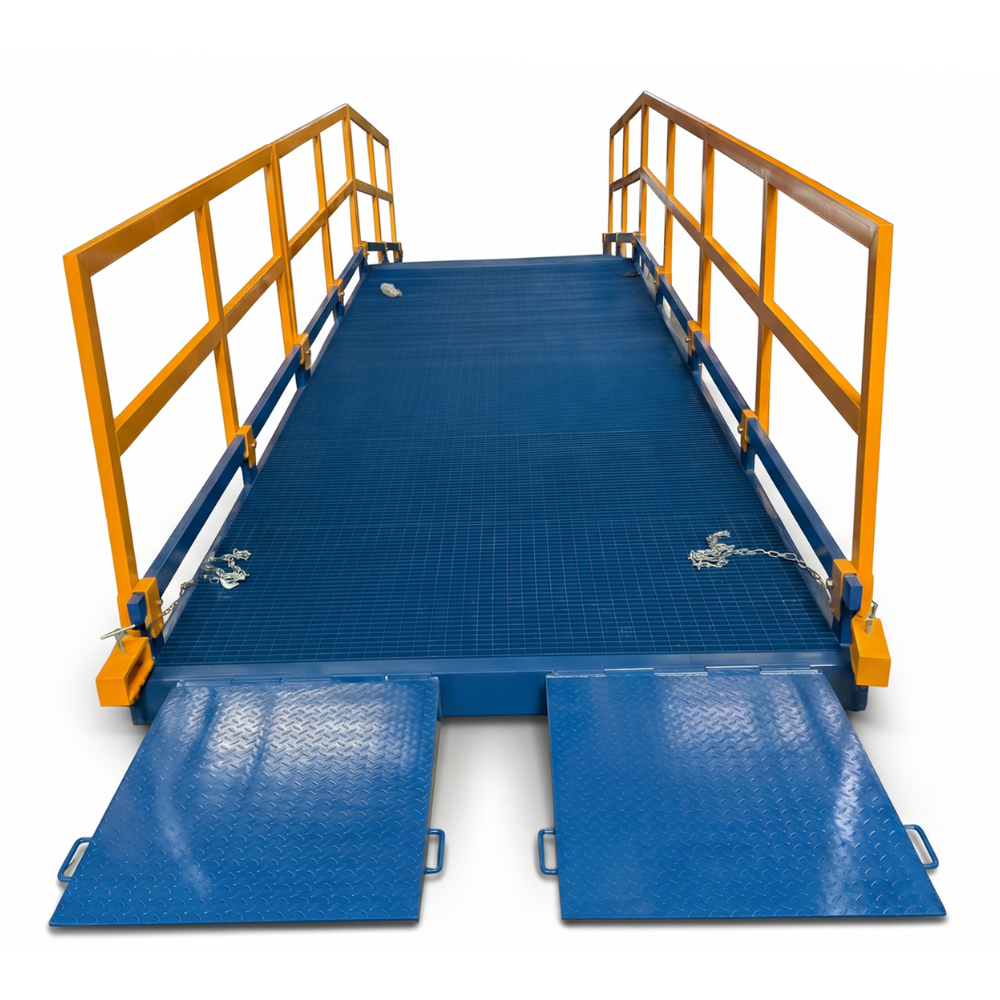 A blue metal yard ramp with bright yellow guardrails and two hinged ramp doors at the front, shown on a clean white background.