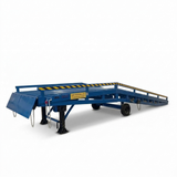 A blue flatbed trailer with an attached ramp, shown on a clean white background. The ramp has yellow and black striped safety markings, and the trailer features black wheels and support legs.