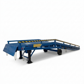A blue flatbed trailer with an attached ramp, shown on a clean white background. The ramp has yellow and black striped safety markings, and the trailer features black wheels and support legs.
