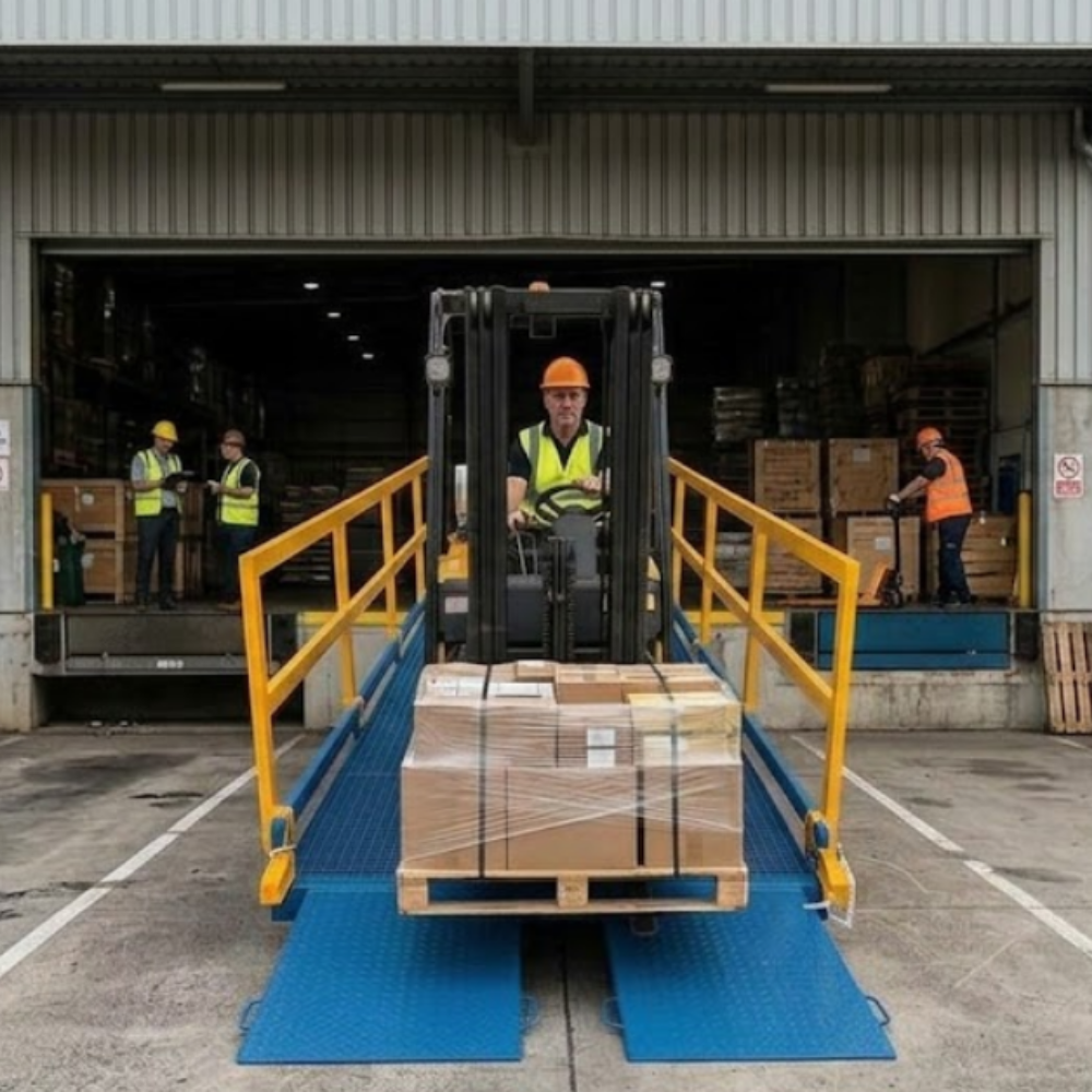 A forklift carrying a pallet of wrapped cardboard boxes approaches a blue and yellow industrial loading dock ramp in front of an open warehouse door, with workers visible inside and beside the dock.