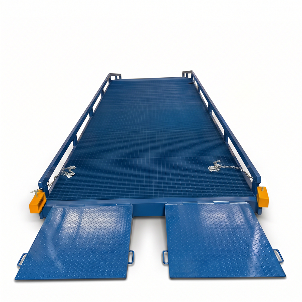 A blue metal flatbedyard ramp with diamond-plate textured ramps and side rails, shown on a clean white background.