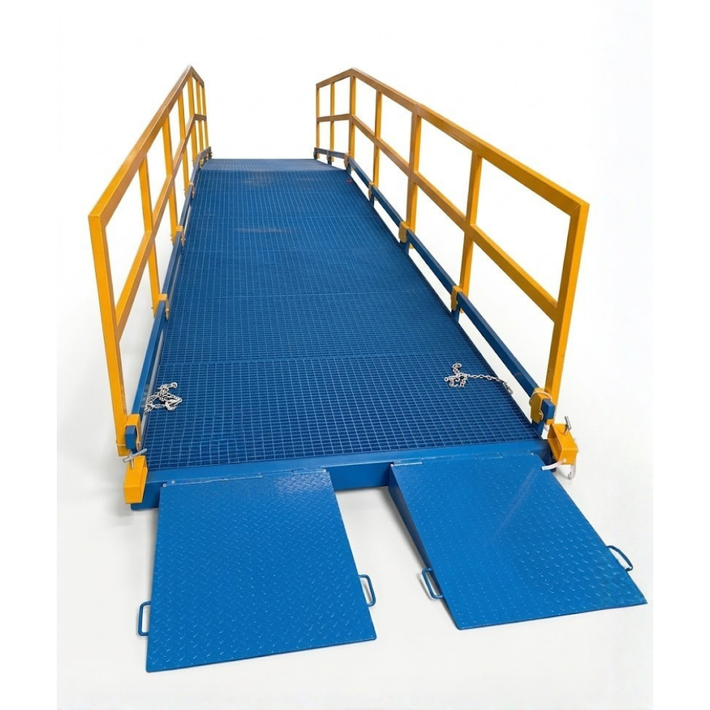 A blue metal forklift yard ramp with yellow safety railings and two hinged ramp doors, shown on a clean white background.