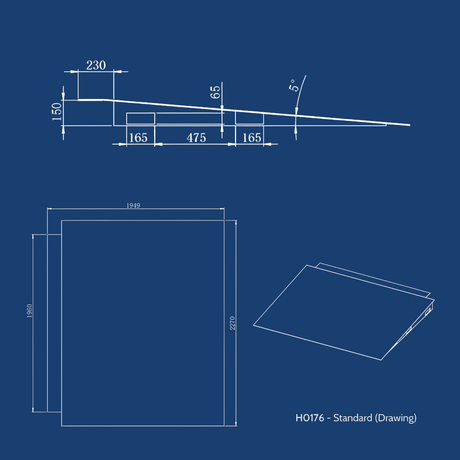 Technical drawing of the Heeve Heavy Duty Forklift Container Ramp, showing detailed dimensions and ramp angles for precise specifications