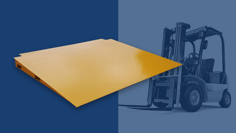 Heeve Heavy-Duty Forklift Container Ramp - yellow container ramp on blue background, forklift backdrop