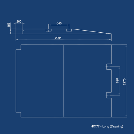 Technical drawing of the Heeve Heavy Duty Long Forklift Container Ramp, providing detailed measurements, including length, width, and angles for precision installation