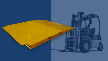 Heeve Heavy-Duty Long Forklift Container Ramp - yellow ramp beside a forklift on a blue panel
