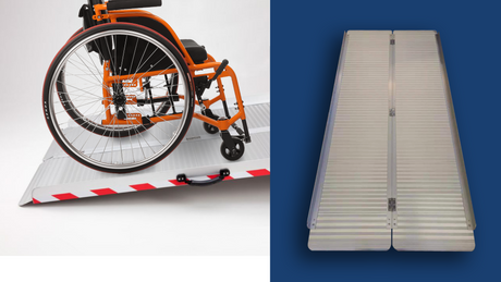 Heeve Heavy Duty Single Fold Extra Wide Aluminium Wheelchair Ramp - wheelchair on the ramp with its red and white edge and carry handle, and the ramp shown open on a blue panel