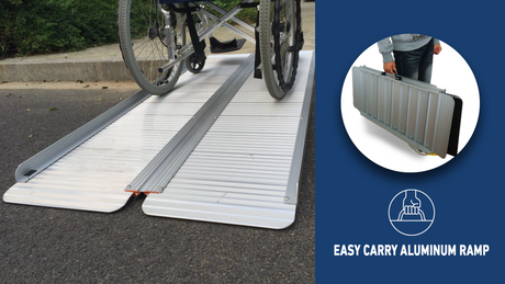 Heeve Lightweight Folding Aluminium Wheelchair Ramp - wheelchair rolling up the ramp at a kerb, with a carry-handle inset labelled Easy Carry