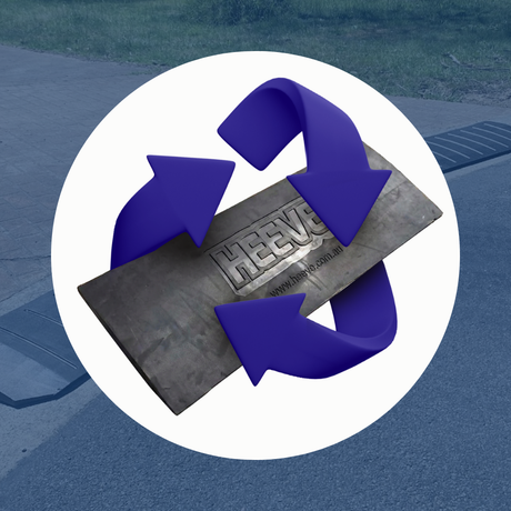 A close-up graphic emphasizing the material. It features a large "Recycle" symbol (three blue arrows in a triangle) overlaying an image of the rubber material, highlighting that the product is made from recycled materials.