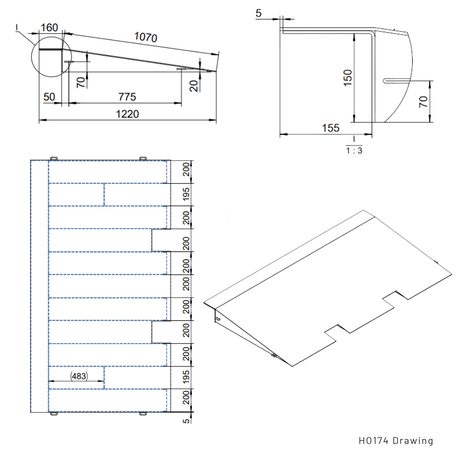 Technical drawing with dimensions and layout of a structure