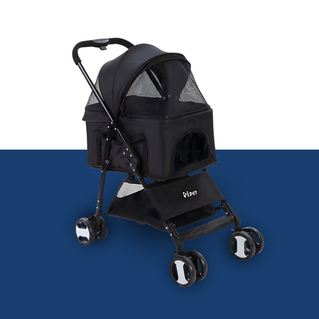 i.Pet 3-in-1 Foldable Pet Stroller Dog Carrier Mid Size - Black - stroller on white and blue background, front angle