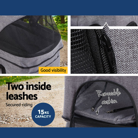 i.Pet 3-in-1 Foldable Pet Stroller Dog Carrier Mid Size - Grey
