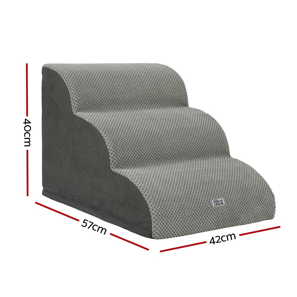 Gray pet steps with dimensions on a white background