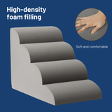 Gray pet step with high-density foam filling and hand touch illustration on a blue background