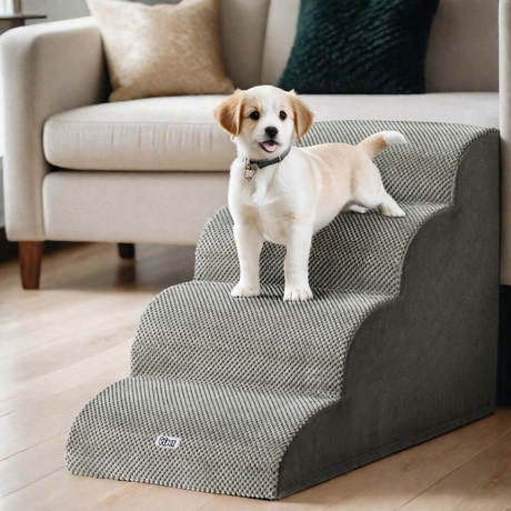 puppy on the i-pet 3 step 30d foam dog stairs in the living room